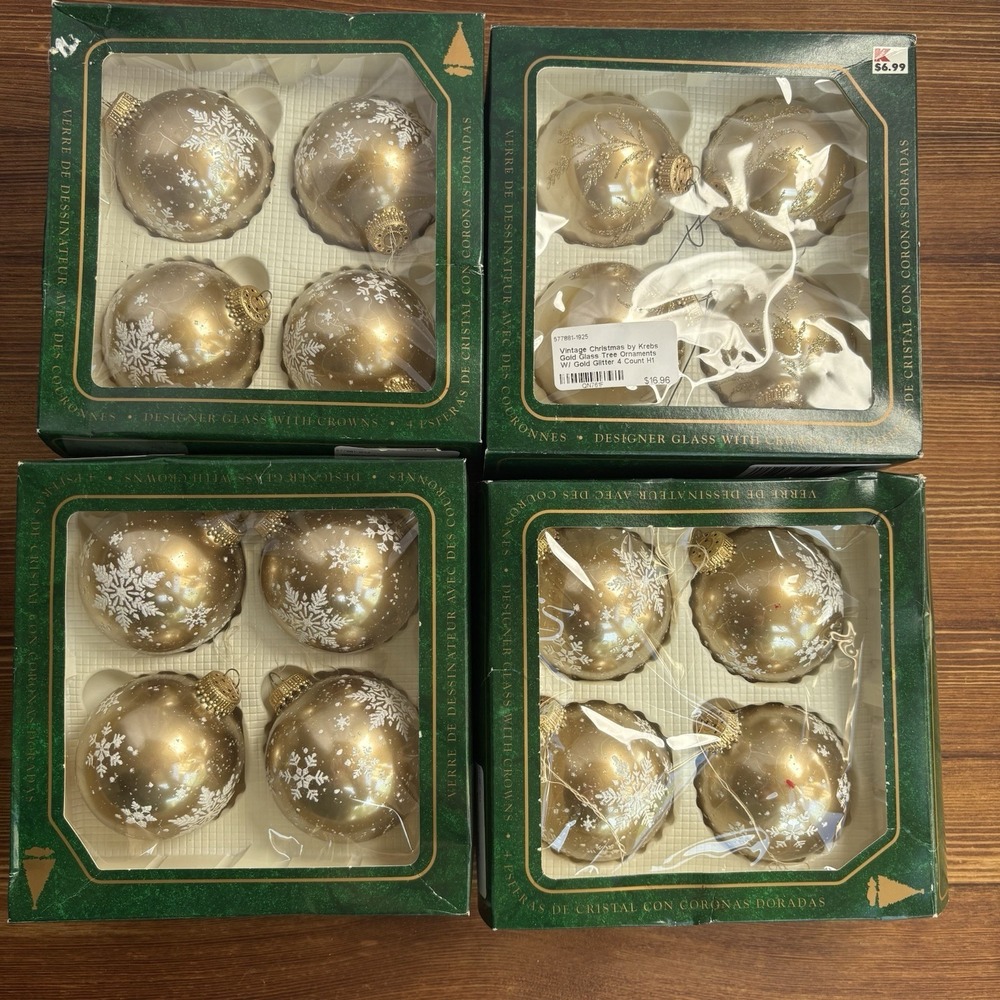 Vintage Krebs Gold Glass Christmas Ornaments Lot of 16 White Snowflake